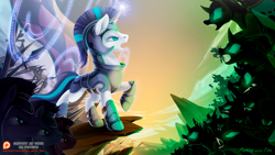 Size: 1000x562 | Tagged: safe, artist:arctic-fox, shining armor, changeling, pony, unicorn, banner, changeling swarm, force field, magic, patreon, patreon logo, royal guard, spear, weapon