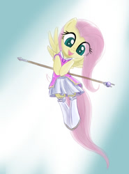 Size: 923x1245 | Tagged: safe, artist:heartlyrosalie, fluttershy, pegasus, pony, cleric, clothes, cute, dress, eye clipping through hair, gradient background, hoof hold, looking at you, looking down, open mouth, shyabetes, smiling, solo, spread wings, staff, stockings, thigh highs, wings