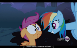 Size: 1024x640 | Tagged: safe, screencap, rainbow dash, scootaloo, pegasus, pony, sleepless in ponyville, hub logo, youtube caption