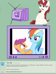 Size: 724x947 | Tagged: safe, rainbow dash, scootaloo, oc, oc:fausticorn, pegasus, pony, deviantart, ew gay, exploitable meme, lauren faust, meme, scootalove, text, tv meme