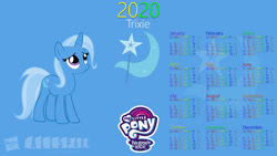 Size: 1920x1080 | Tagged: safe, artist:allenacnguyen, derpibooru import, trixie, pony, unicorn, blue coat, calendar, female, horn, mare, solo, two toned mane