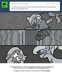 Size: 666x809 | Tagged: safe, artist:egophiliac, princess luna, oc, oc:serenitatis, alicorn, octopus, pony, sea pony, derp, filly, lunoctopus, monochrome, moonstuck, poseidon's peruke, unamused, woona, woonoggles, you dun goofed, younger