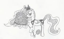 Size: 2085x1260 | Tagged: safe, artist:arctic-lux, princess luna, alicorn, pony, food, grayscale, magic, monochrome, solo, telekinesis, traditional art, waffle