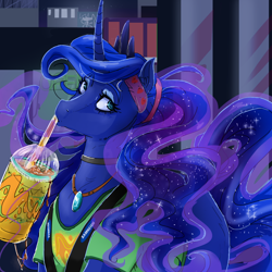 Size: 950x950 | Tagged: safe, artist:chocolateponi, princess luna, alicorn, pony, 7-eleven, alternate hairstyle, chest fluff, choker, clothes, ear fluff, jewelry, necklace, ponytail, slurpee, solo, t-shirt