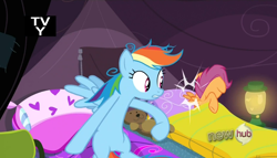 Size: 1074x614 | Tagged: safe, edit, screencap, rainbow dash, scootaloo, pegasus, pony, sleepless in ponyville, out of context, scootabuse