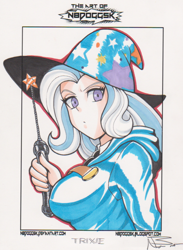 Size: 600x820 | Tagged: safe, artist:n8dogg5k, derpibooru import, trixie, human, crossover, hat, humanized, little witch academia, solo, traditional art, witch hat