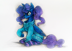 Size: 1188x844 | Tagged: safe, artist:buttersprinkle, princess luna, alicorn, pony, alternate hairstyle, clothes, cute, lunabetes, pigtails, simple background, socks, solo, striped socks, sweater, traditional art