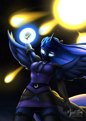 Size: 955x1351 | Tagged: safe, artist:mysticalpha, princess luna, alicorn, anthro, clothes, dress, female, glowing eyes, glowing hands, mare, meteor, signature, solo, stockings, thigh highs