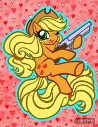 Size: 2550x3300 | Tagged: safe, artist:crizltron, applejack, earth pony, pony, gun, happy, heart, high res, one eye closed, open mouth, shotgun, smiling, solo, weapon, wink