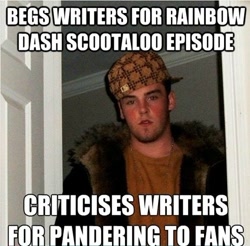 Size: 500x491 | Tagged: safe, rainbow dash, scootaloo, sleepless in ponyville, barely pony related, scumbag steve, text