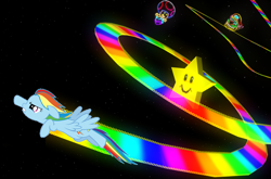 Size: 1008x665 | Tagged: safe, rainbow dash, pegasus, pony, crossover, mario kart, mario kart 64, rainbow road, space, super mario bros., super star, toad (mario bros), wario