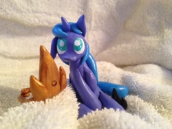 Size: 640x480 | Tagged: safe, artist:triplerainbowdash, princess luna, blanket, craft, crown, filly, irl, jewelry, photo, regalia, sculpture, smiling, solo, traditional art, woona, younger