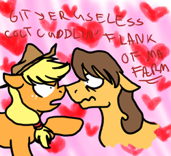 Size: 900x818 | Tagged: safe, artist:enigmaticfrustration, applejack, caramel, earth pony, pony, 1000 hours in ms paint, anti-shipping, bigotjack, carajack, cowboy hat, female, hat, heart, homophobia, male, mare, mouthpiece, out of character, shipping, stallion, straight