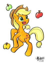 Size: 600x800 | Tagged: safe, artist:thebourgyman, applejack, earth pony, pony, obligatory apple, rearing, simple background, solo