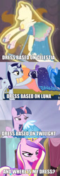 Size: 1121x3292 | Tagged: safe, moonlight raven, princess cadance, princess celestia, princess luna, twilight sparkle, twilight sparkle (alicorn), alicorn, pony, unicorn, canterlot boutique, annoyed, clothes, dress, female, image macro, mare, meme, over the moon, princess dress, solo, tripping the light