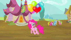 Size: 427x240 | Tagged: safe, screencap, cherry berry, daisy, flower wishes, goldengrape, linky, pinkie pie, shoeshine, sir colton vines iii, earth pony, pony, it's about time, animated, balloon, pinkie being pinkie, pinkie physics, then watch her balloons lift her up to the sky