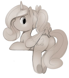 Size: 574x650 | Tagged: safe, artist:ende26, princess cadance, alicorn, pony, cute, cutedance, ende will be the end of us, grayscale, looking at you, looking back, lovebutt, monochrome, plot, prone, sketch, smiling, solo, tail bow, underhoof, younger