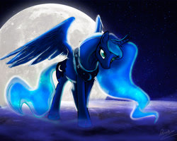 Size: 800x640 | Tagged: safe, artist:loorelai, princess luna, alicorn, pony, moon, night, solo, spread wings, stars