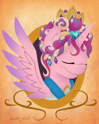 Size: 1280x1600 | Tagged: safe, artist:abbystarling, princess cadance, alicorn, pony, bust, ceremonial headdress, eyes closed, portrait, smiling, solo