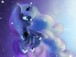 Size: 2048x1536 | Tagged: safe, artist:silviasilvar, princess luna, alicorn, pony, floating, lidded eyes, looking back, smiling, solo, spread wings