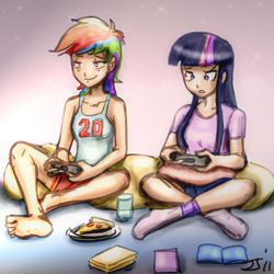 Size: 700x700 | Tagged: safe, artist:johnjoseco, artist:trelwin, rainbow dash, twilight sparkle, human, barefoot, breasts, controller, delicious flat chest, feet, female, humanized, video game