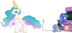 Size: 5000x2276 | Tagged: safe, artist:apony4u, princess celestia, princess luna, alicorn, pony, arcade, arcade cabinet, arcade game, filly, gamer luna, magic, simple background, transparent background, trollestia, vector, woona