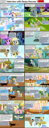 Size: 1282x3304 | Tagged: safe, bon bon, carrot top, cloud kicker, cloudchaser, crafty crate, derpy hooves, dizzy twister, flitter, fluttershy, golden harvest, helia, lightning bolt, merry may, minuette, orange swirl, parasol, rainbow dash, rainbowshine, rumble, sassaflash, spring melody, sprinkle medley, sunshower raindrops, sweetie drops, thunderlane, white lightning, pegasus, pony, comic:celestia's servant interview, caption, comic, female, implied spanking, interview, mare