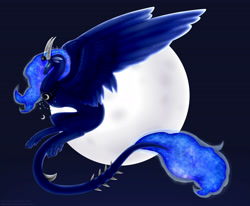 Size: 5700x4700 | Tagged: safe, artist:rubyflank, princess luna, dragon, absurd resolution, dragoness, dragonified, ethereal mane, feathered dragon, female, full moon, lunadragon, moon, night, solo, species swap, starry mane