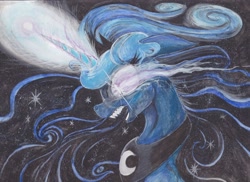 Size: 2338x1701 | Tagged: safe, artist:scribblepwn3, princess luna, alicorn, pony, angry, bust, crying, flowing mane, ink, magic, nightmare luna, solo, traditional art, watercolor painting