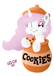 Size: 850x1200 | Tagged: safe, artist:oggynka, princess celestia, alicorn, pony, :t, cewestia, cookie, cookie jar, cookie jar pony, cute, eating, filly, leaning, looking at you, puffy cheeks, smiling, solo, wink