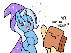 Size: 925x688 | Tagged: safe, artist:paperbagpony, derpibooru import, trixie, oc, oc:paper bag, cape, clothes, confetti, face on a bag, hat, simple background, trixie's cape, trixie's hat, white background