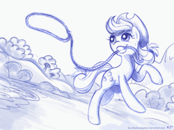 Size: 800x600 | Tagged: safe, artist:kp-shadowsquirrel, applejack, earth pony, pony, lasso, monochrome, mouth hold, solo