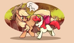 Size: 1050x613 | Tagged: safe, artist:purplelemons, apple bloom, applejack, earth pony, pony, blonde hair, female, filly, mare, orange coat, red mane, sisters