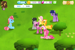 Size: 960x640 | Tagged: safe, carrot cake, cheerilee, cup cake, fluttershy, octavia melody, pinkie pie, twilight sparkle, unicorn twilight, earth pony, pegasus, pony, unicorn, female, game, game screencap, gameloft, male, mare, stallion