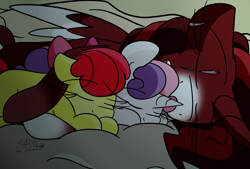 Size: 1270x856 | Tagged: safe, artist:rosexknight, apple bloom, sweetie belle, oc, oc:velvet star, size difference