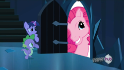 Size: 854x480 | Tagged: safe, edit, edited screencap, screencap, pinkie pie, spike, twilight sparkle, dragon, earth pony, pony, unicorn, g3, the crystal empire, door, exploitable meme, female, g4 to g3, generation leap, horn, hub logo, male, mare, meme, multicolored mane, open mouth, pinkie blind, purple coat, stairs, the scary door
