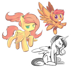 Size: 950x905 | Tagged: safe, artist:ende26, fluttershy, princess cadance, scootaloo, bat pony, pony, flutterbat, flying, grin, happy, raised hoof, scootaloo can fly, sitting