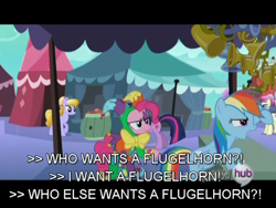 Size: 640x480 | Tagged: safe, screencap, amber waves, pinkie pie, rainbow dash, twilight sparkle, earth pony, pegasus, pony, the crystal empire, closed captioning, crystal fair con, flugelhorn, hub logo, jester, jester pie, spelling