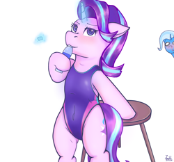 Size: 3128x2914 | Tagged: safe, artist:legionsunite, derpibooru import, starlight glimmer, trixie, pony, semi-anthro, unicorn, adorasexy, bipedal, blood, blushing, clothes, cute, drinking, female, implied lesbian, implied shipping, implied startrix, mare, nosebleed, one-piece swimsuit, sexy, simple background, swimsuit, water bottle, white background