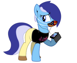 Size: 1304x1070 | Tagged: safe, artist:bastbrushie, derpibooru import, trixie, oc, oc:brushie brusha, earth pony, blue mane, clothes, earbuds, earth pony oc, eye, eyes, flag, hooves, mask, pants, phone, shirt, shoes, simple background, t-shirt, tail, transparent background, united states, vector