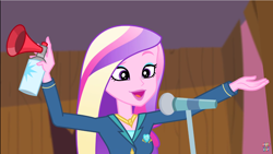 Size: 1280x721 | Tagged: safe, screencap, dean cadance, princess cadance, equestria girls, friendship games, airhorn, microphone, open mouth, smiling, solo