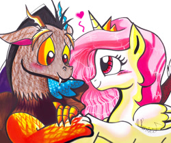 Size: 611x512 | Tagged: dead source, safe, artist:aurora-chiaro, discord, princess celestia, alicorn, pony, blushing, dislestia, female, heart, male, pink-mane celestia, shipping, straight, traditional art, younger