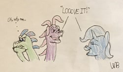 Size: 1280x750 | Tagged: safe, artist:whistle blossom, derpibooru import, trixie, dragon, pony, unicorn, angry, cross-popping veins, crossover, cute, cute little fangs, dialogue, diatrixes, dragon tales, dragoness, eyes closed, fangs, female, kathleen barr, madorable, male, mare, multiple heads, signature, simple background, thinking, traditional art, trio, two heads, two-headed dragon, unamused, voice actor joke, wheezie, white background, zak, zak and wheezie