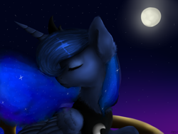 Size: 1600x1200 | Tagged: safe, artist:lanastein, princess luna, alicorn, pony, balcony, eyes closed, fluffy, moon, night, solo, stars