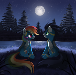 Size: 1450x1430 | Tagged: safe, artist:nabbiekitty, rainbow dash, soarin', pegasus, pony, female, goggles, male, moon, night, romantic, scenery, shipping, soarindash, stars, straight, wonderbolts uniform