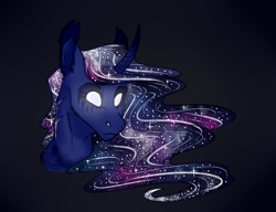 Size: 1024x786 | Tagged: safe, artist:biakela, princess luna, alicorn, pony, bust, curved horn, ear fluff, glowing eyes, gradient background, portrait, solo