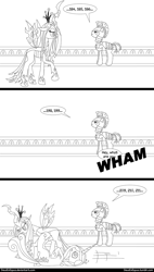 Size: 600x1060 | Tagged: safe, artist:deusexequus, princess cadance, queen chrysalis, alicorn, changeling, changeling queen, pony, a canterlot wedding, rarity investigates, all the guards are useless, black and white, comic, counting, grayscale, lineart, monochrome, royal guard, unconscious