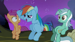 Size: 500x284 | Tagged: safe, edit, edited screencap, screencap, lyra heartstrings, rainbow dash, scootaloo, pegasus, pony, unicorn, sleepless in ponyville, female, filly, mare, meme, sitting lyra