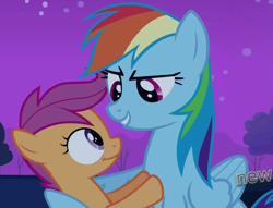 Size: 871x666 | Tagged: safe, screencap, rainbow dash, scootaloo, pegasus, pony, sleepless in ponyville, hub logo, scootalove