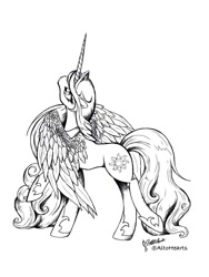 Size: 768x1024 | Tagged: safe, artist:altohearts, princess celestia, alicorn, pony, black and white, grayscale, lineart, looking up, monochrome, raised hoof, raised leg, solo, spread wings